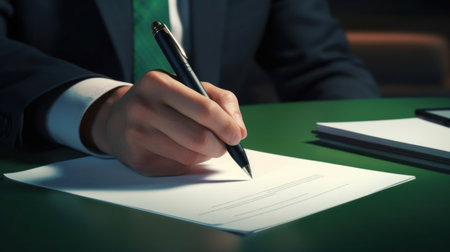 Businessman signing a contract with a pen, close-up.の素材