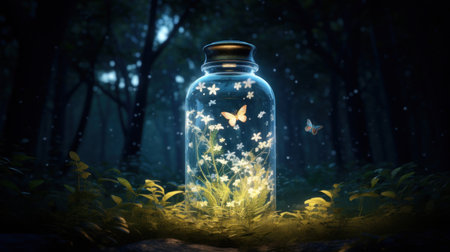 Magic potion in a glass jar. Fairytale forest. 3D rendering.の素材