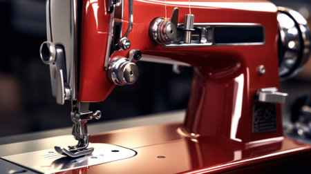 Sewing machine close up. Red sewing machine close up.の素材