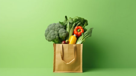 Shopping bag full of fresh vegetables on green background. Shopping conceptの素材