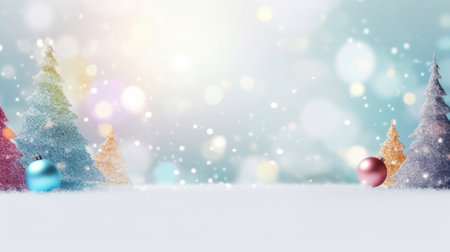 christmas background with christmas tree, snow and snowflakesの素材