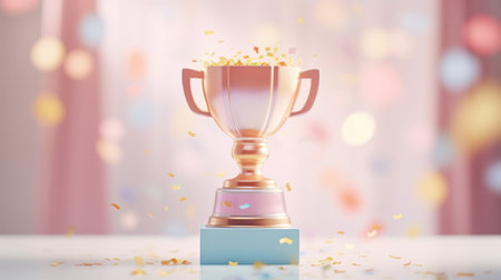 3d render of golden trophy cup with confetti falling on tableの素材