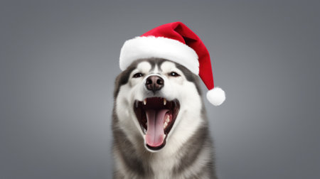 Portrait of happy Siberian husky dog in Christmas hat.の素材