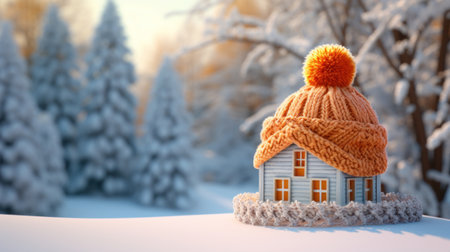 Winter house with a knitted hat on a background of winter forestの素材