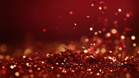 Red glitter confetti on red background. Festive abstract background.の素材