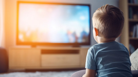 Cute little boy watching movie on tv at home, back viewの素材