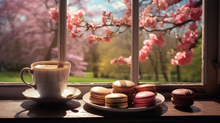 Coffee and macaroons on the window with cherry blossomの素材