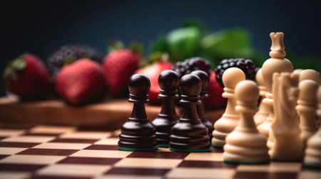 Chess board with chess pieces, strawberries and blackberries on dark backgroundの素材