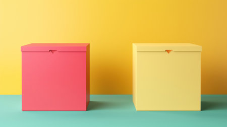 Two cardboard boxes on a yellow and blue background. 3d renderingの素材