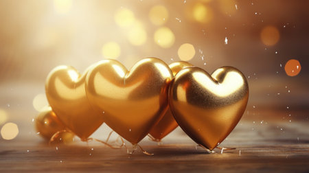 Golden heart balloons on wooden background. Valentine's day concept. 3D Renderingの素材