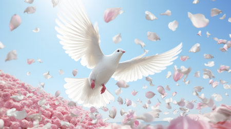 White dove flying in the blue sky with pink petals. 3d renderingの素材