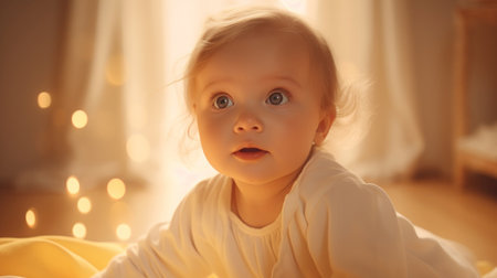 Portrait of cute baby girl in room with garland on backgroundの素材