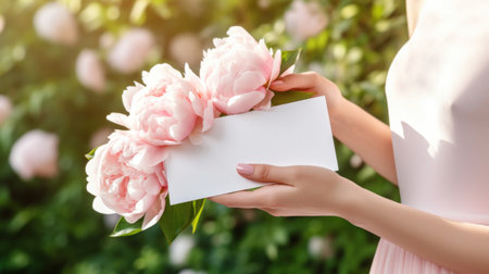 Young woman with beautiful peony flowers and blank card outdoors, closeupの素材