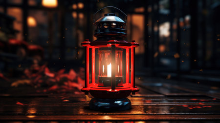 Red lantern with burning candle on a wooden table in a cafe.の素材