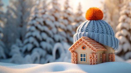 Winter house in a knitted hat on a background of a winter landscape.の素材