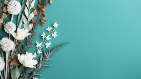 Flowers composition. White flowers on blue background. Flat lay, top view, copy spaceの素材