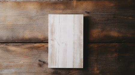 Top view of wooden cutting board on wooden background. Copy space.の素材