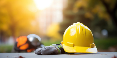 Helmet and helmet on the background of a construction site. Construction concept.の素材