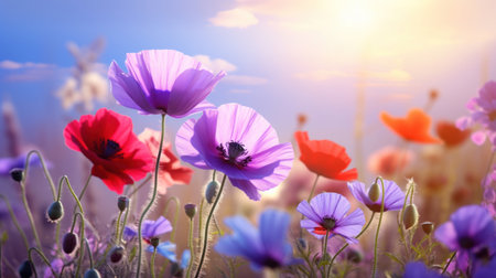 Beautiful poppies and blue sky at sunset. Nature backgroundの素材