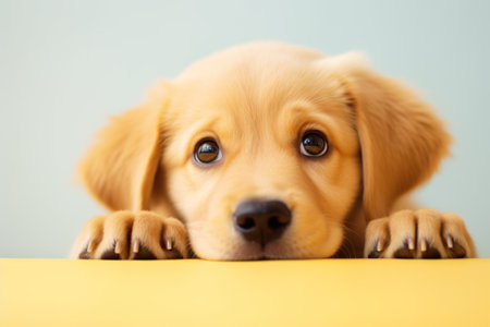 Cute Golden Retriever Puppy lying on a yellow tableの素材
