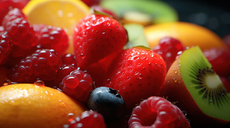 Fruit salad in a black plate, close-up, macroの素材