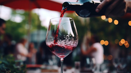 Pouring red wine into glass on blurred background with bokehの素材