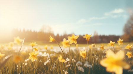 Daffodils in the meadow. Spring nature background.