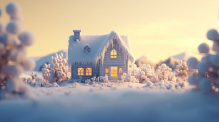 Beautiful winter landscape with a small house in the snow. 3d renderingの素材