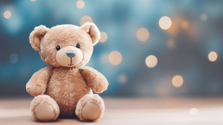 Teddy bear on blue bokeh background with copy space.の素材