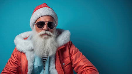 Portrait of senior man with long white beard wearing sunglasses and red winter jacket with santa hat on blue backgroundの素材