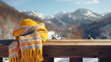 Warm scarf and knitted hat on a wooden terrace in the mountainsの素材