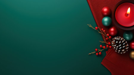 Christmas background with red and green decorations and burning candle on green backgroundの素材