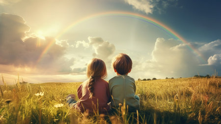 Two little girls sitting on a green meadow and looking at the rainbowの素材