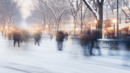 Blurred image of people walking in the city at winter time.の素材