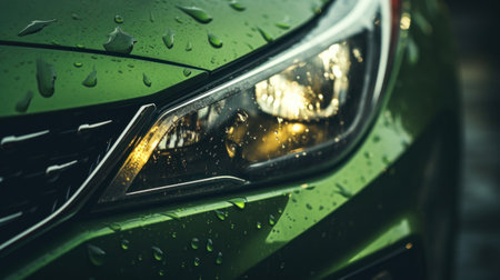 Close-up of green sport car headlight with raindrops.の素材