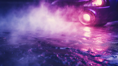 Car driving on snowy road at night. Close-up view of car with headlights and smoke on the roadの素材