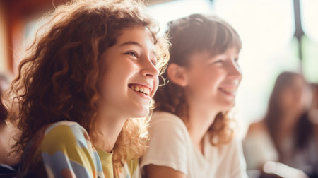 Portrait of smiling students looking at camera while sitting in lecture hallの素材