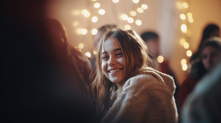 Group of friends having fun at christmas party with lights on backgroundの素材