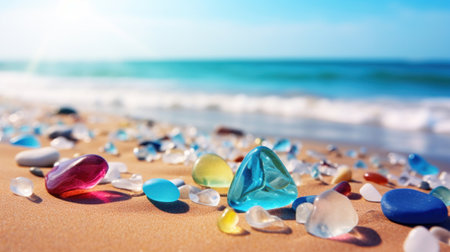 Colorful glass stones on the beach with sea and blue sky backgroundの素材
