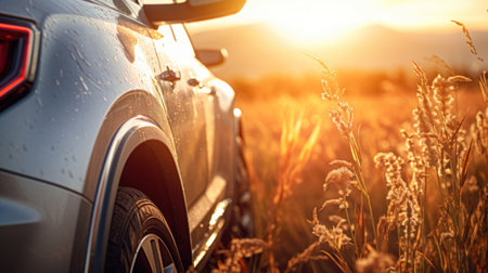 Car on the road in the field at sunset. Car on the road.の素材
