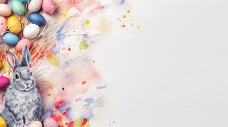 Easter background with colorful eggs and bunny. Top view with copy spaceの素材