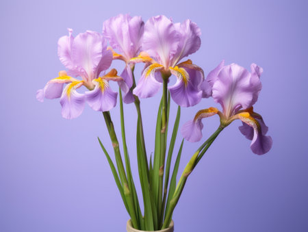 Iris flowers in vase on purple background. Shallow depth of fieldの素材