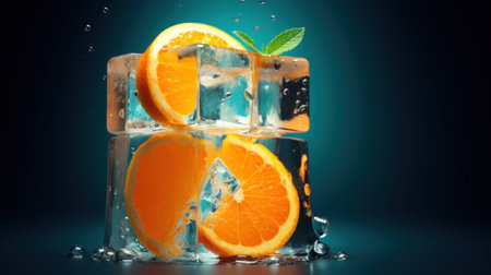 Frozen orange slices with ice cubes on blue background. 3d illustrationの素材