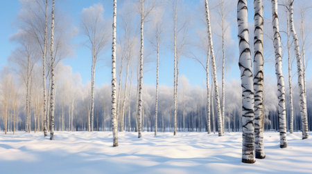 birch forest in winter with snow, panoramic viewの素材