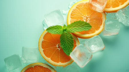 Slices of orange, mint and ice cubes on blue backgroundの素材