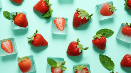 Strawberries and ice cubes on mint background. Top view.の素材