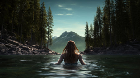 Young woman in the water of a mountain lake. 3d renderingの素材