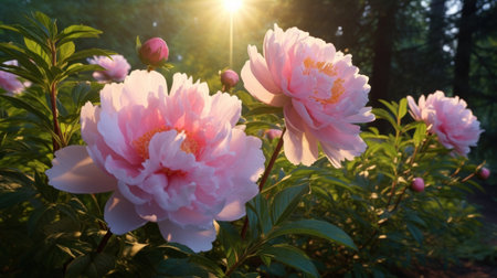 Peony flowers in the garden in the rays of the setting sunの素材