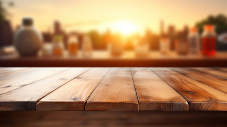 Wooden table top on blurred background - can be used for display or montage your productsの素材