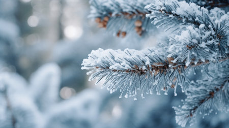 Pine branches covered with hoarfrost and snow in winter forestの素材
